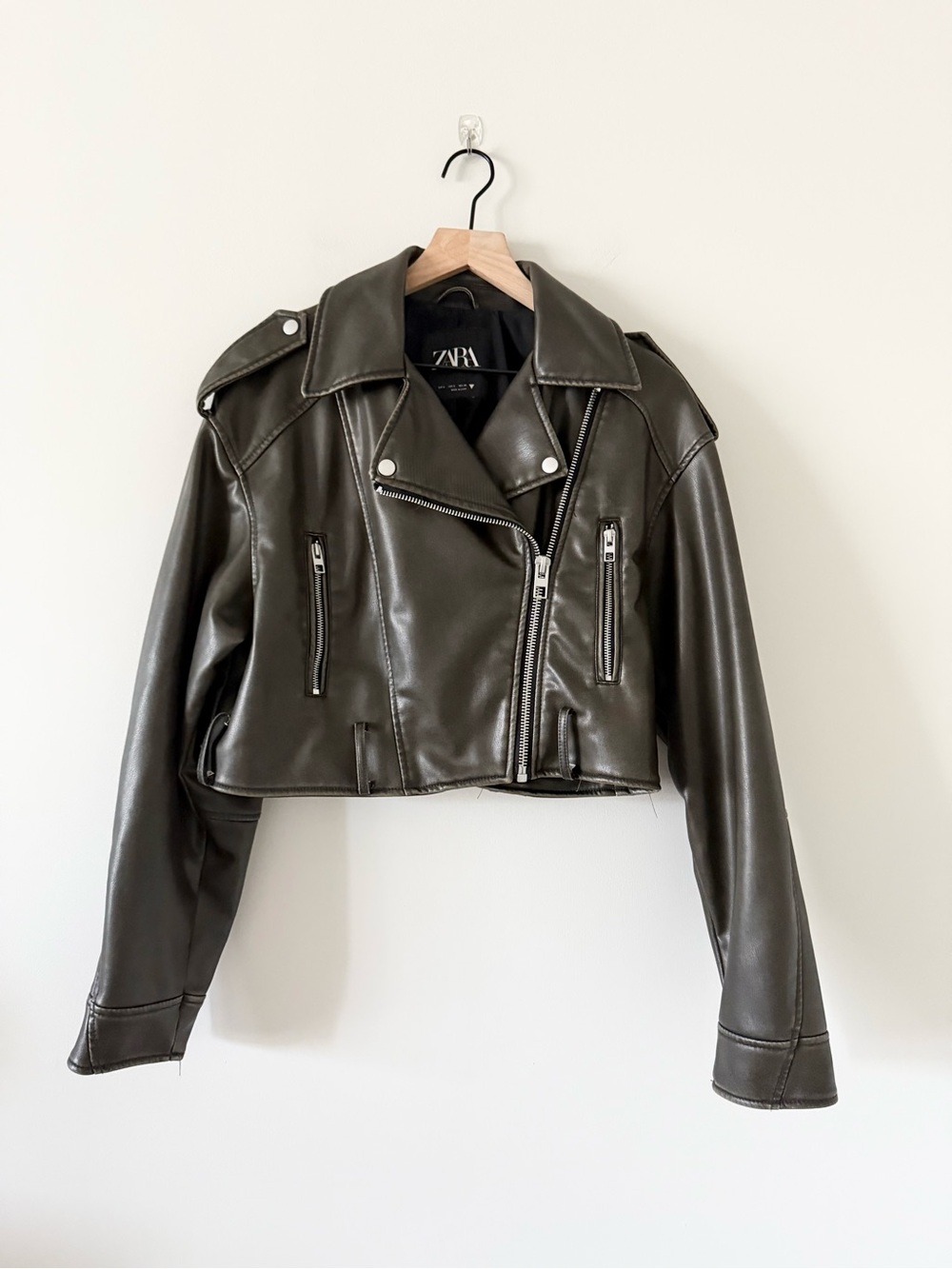 ZARA Dark Brown Faux Leather Distressed Edge Cropped Moto Jacket Size S